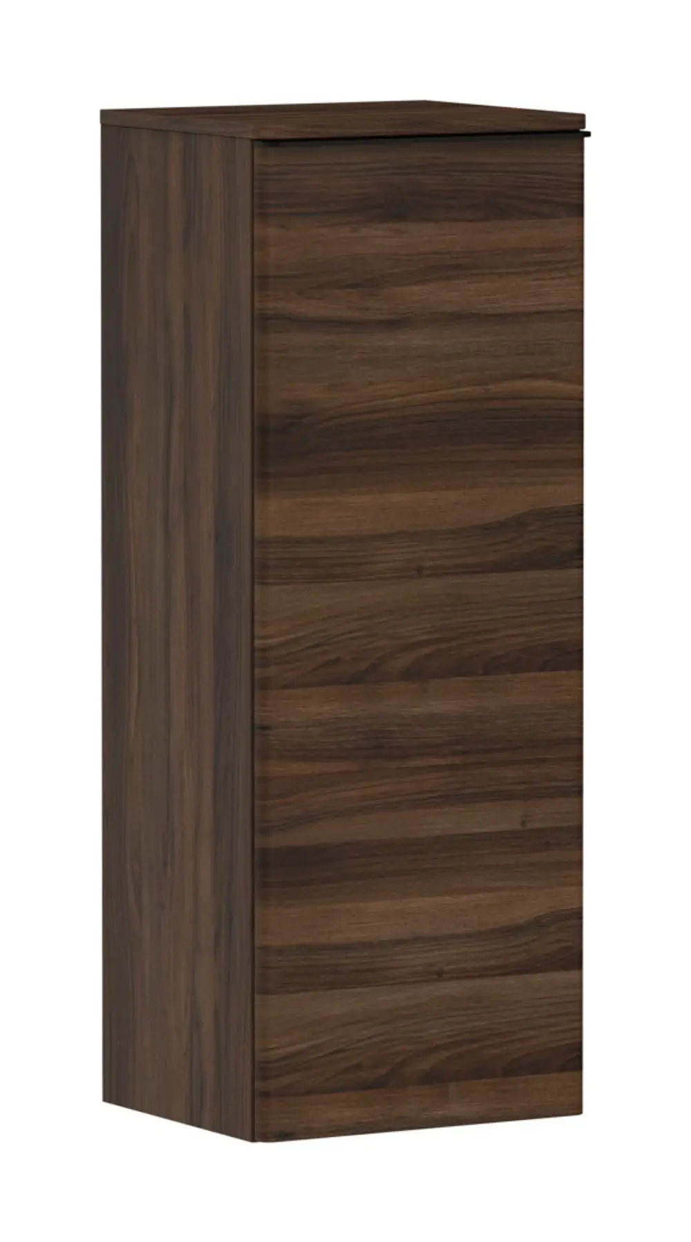 Dunkler Holzschrank mit einer glatten Oberfläche und seitlicher Tür, passend für Badezimmermöbel von Hansgrohe.